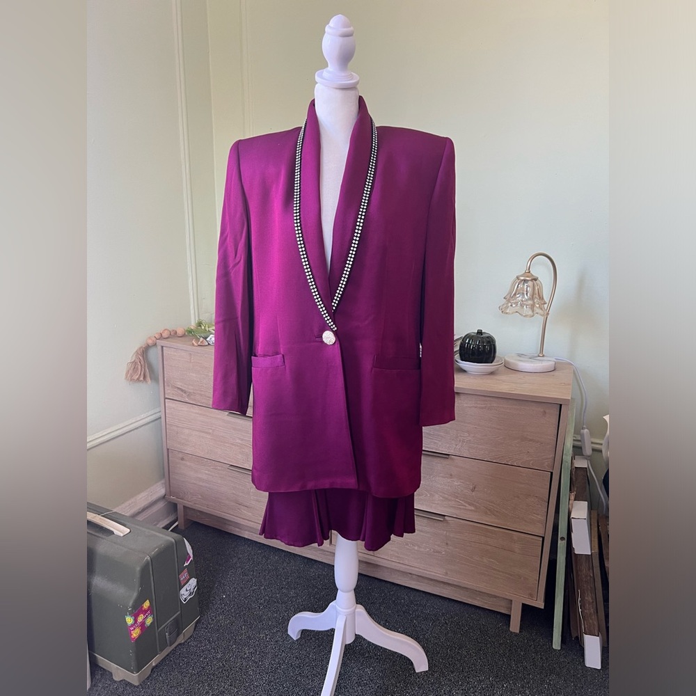 Vintage 80s Rhinestone Magenta Pink Suit Jacket & Flare Skirt Matching Set S-M